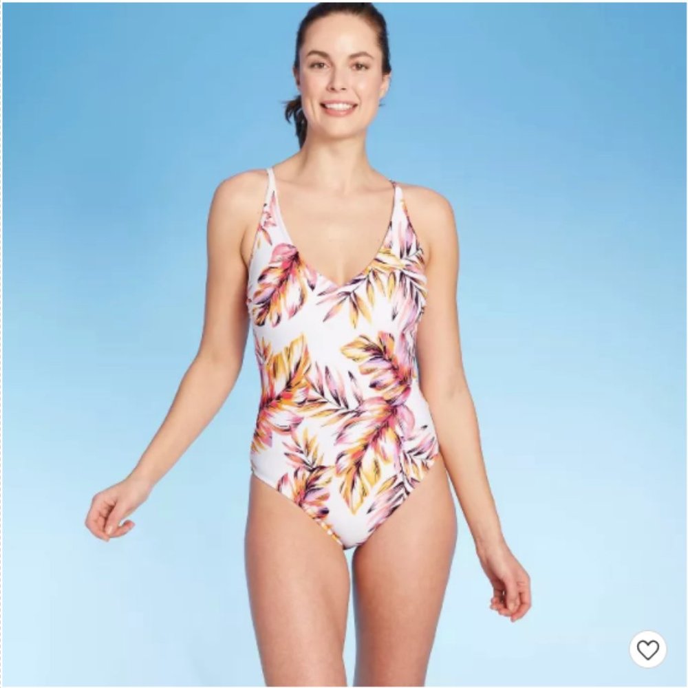 Cross Back One Piece Swimsuit, White & Pink Floral